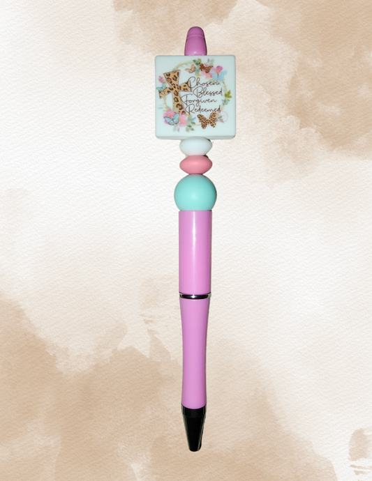 Chosen blessed forgiven redeemed pink beaded pen